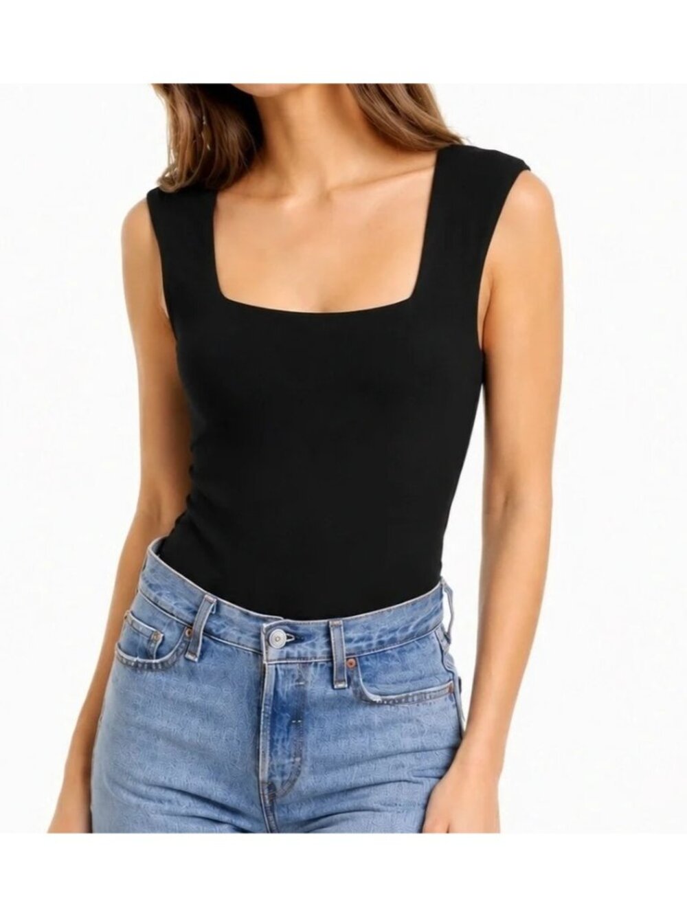 Grey Lab Bodysuit Medium Padded Cap Sleeve Square Neck Solid Black Minimalist